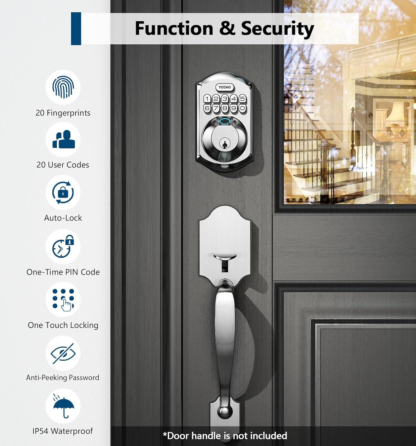 TEEHO Fingerpint Keyless Entry Keypad, Smart Digital Deadbolt Door Lock for Front Door, Remotely Share Temporary PIN Code, Easy Installation-Satin Nickel
