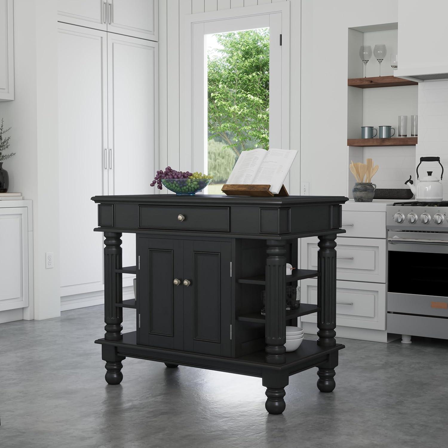 Americana Black Hardwood Kitchen Island with Shelves and Drawer