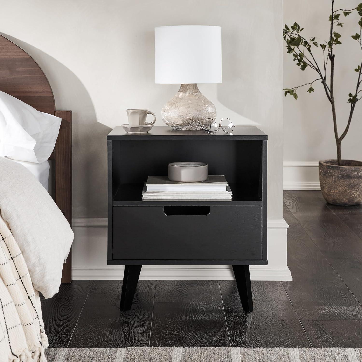 Black Mid-Century Modern 1-Drawer Nightstand with Open Cubby