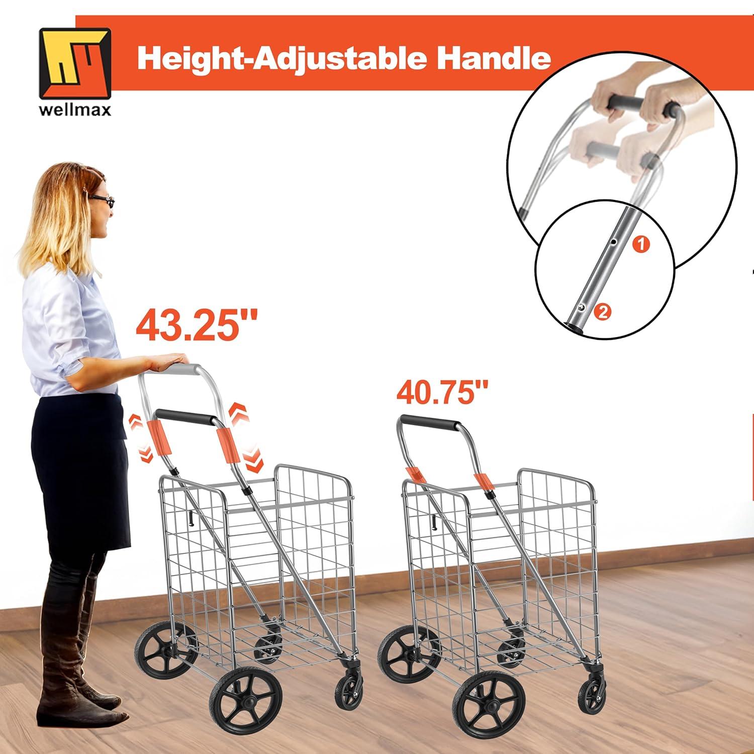 Wellmax Grocery Shopping Cart with Swivel Wheels, Foldable and Collapsible Utility Cart with Adjustable Height Handle, Heavy Duty Light Weight Trolley