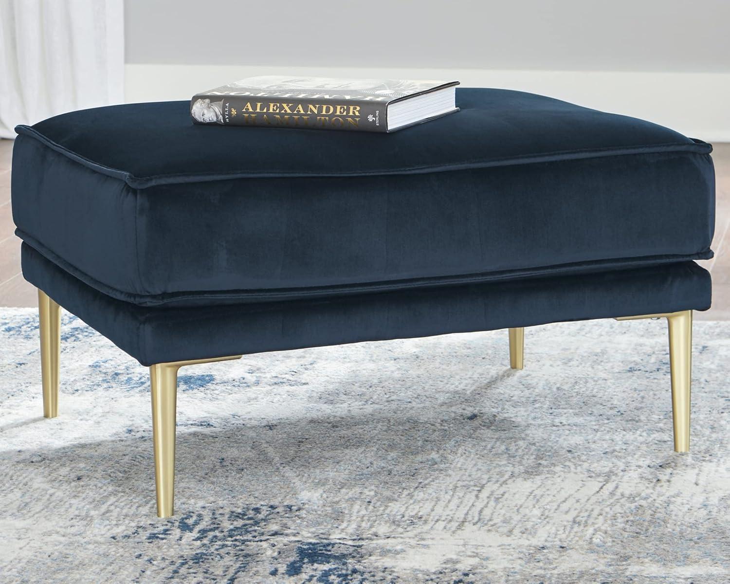 Macleary 29.5" Navy Blue Velvet Ottoman with Brass-Tone Metal Legs