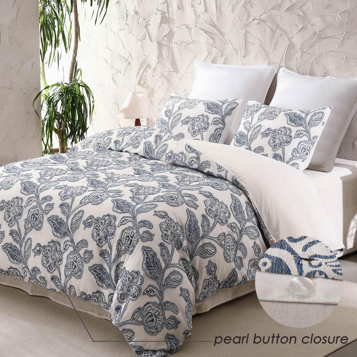 Queen Blue Cotton Jacquard Floral Duvet Cover Set