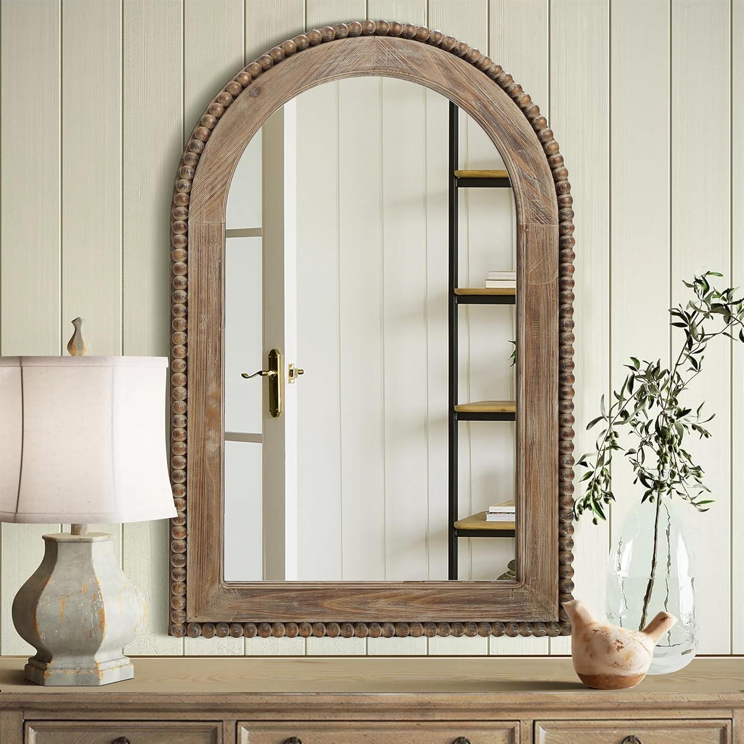 Natural Wood Oval Arch Wall Mirror with Beaded Frame