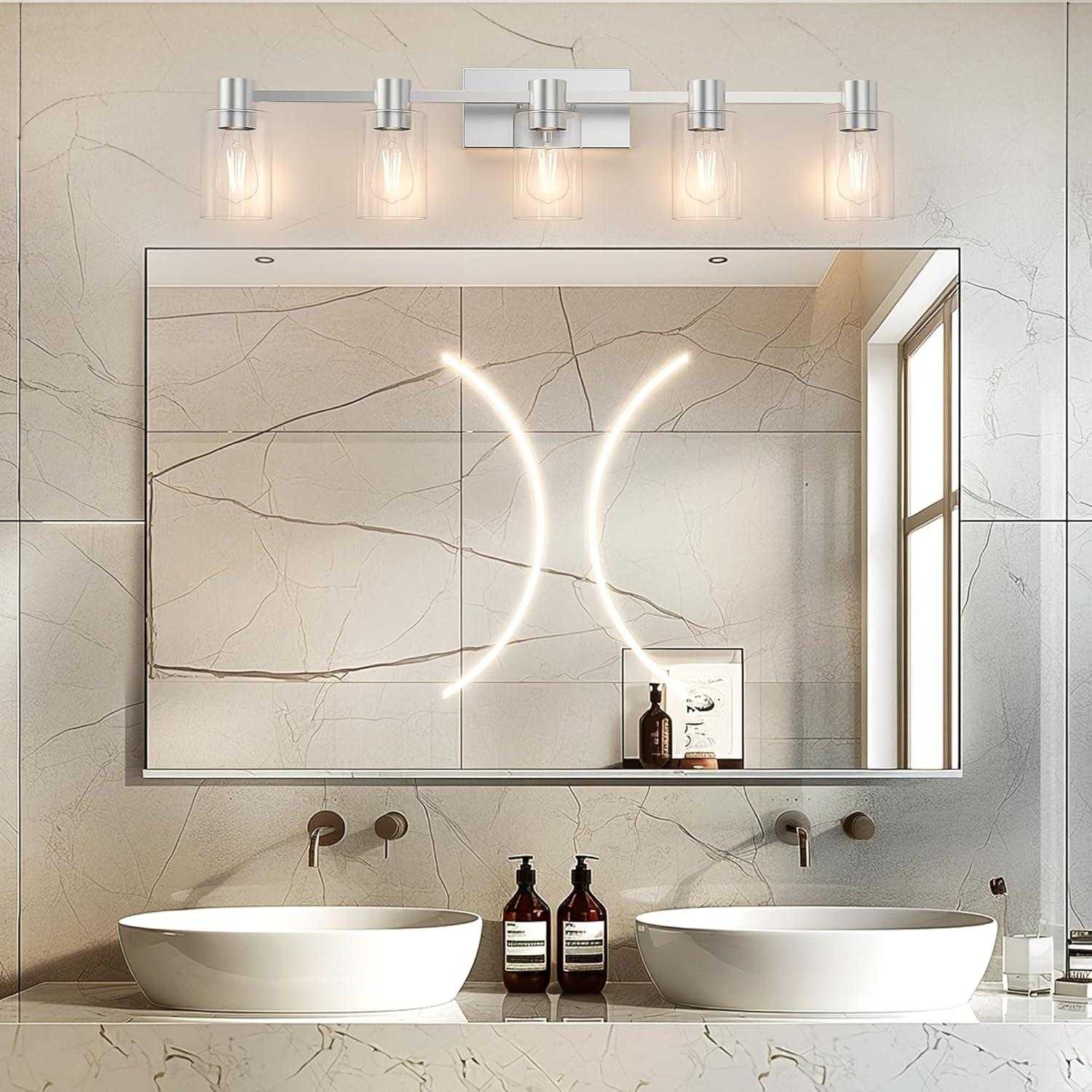 5 Light Bathroom Vanity Light Brushed Nickel Bathroom Light Fixtures with Clear Glass Shade Modern Bathroom Lights Over Mirror Brushed Nickel Wall Sconce for Bathroom Bedroom Living Room