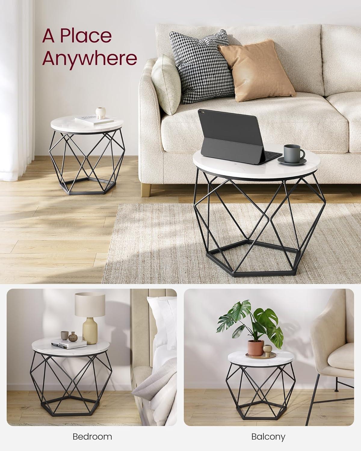 VASAGLE Small Coffee Table Set of 2, Round Coffee Table with Steel Frame, Side End Table for Living Room, Bedroom, Office, Marble White and Ink Black