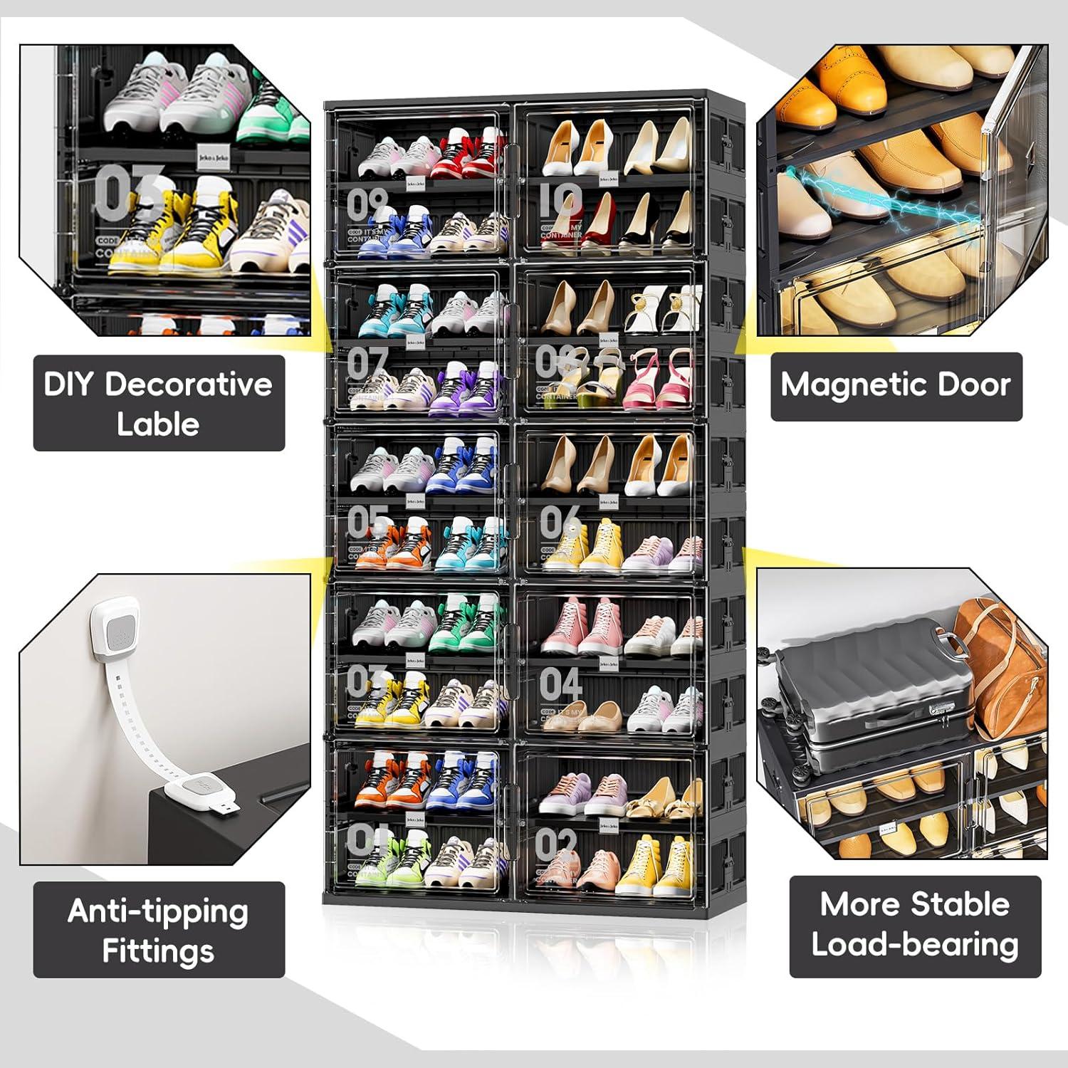 Rebrilliant 10 Tiers 40 Pairs Foldable Shoe Rack Organizer Fits Size 12, Large Shoe Cabinet With Magnetic Doors