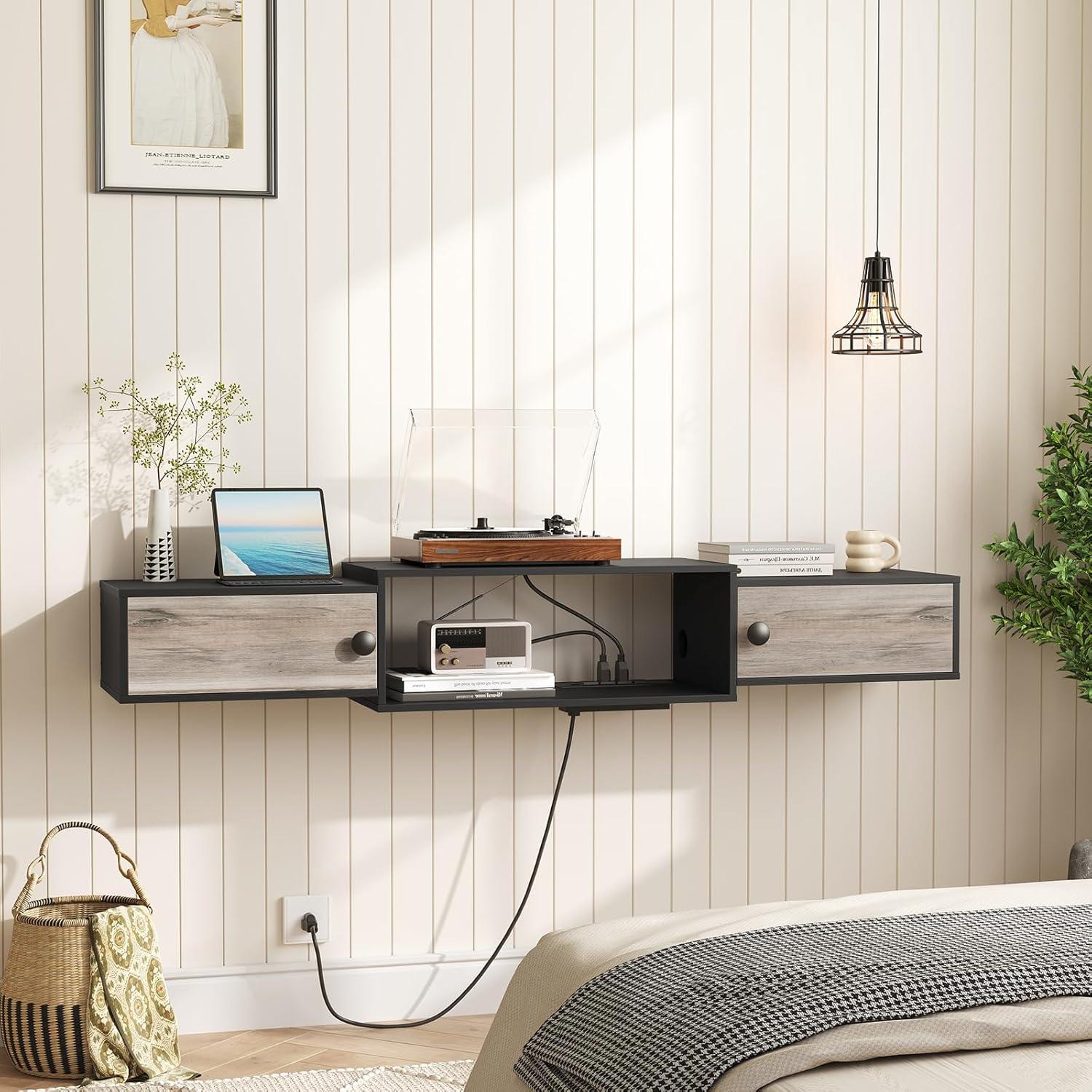 Floating TV Stand with Power Outlet 55", Modern Wall Mounted Media Console Shelf Cabinet for Under TV Storage, Entertainment Center, Living Room, Bedroom, Rustic Brown and Black BF11DS01