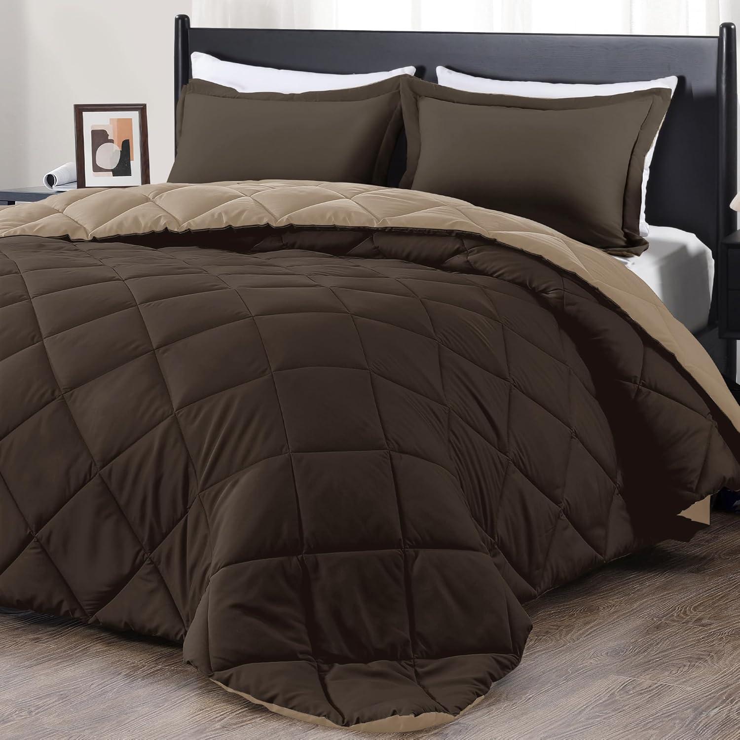 Queen Brown Reversible Down Alternative Microfiber Comforter Set