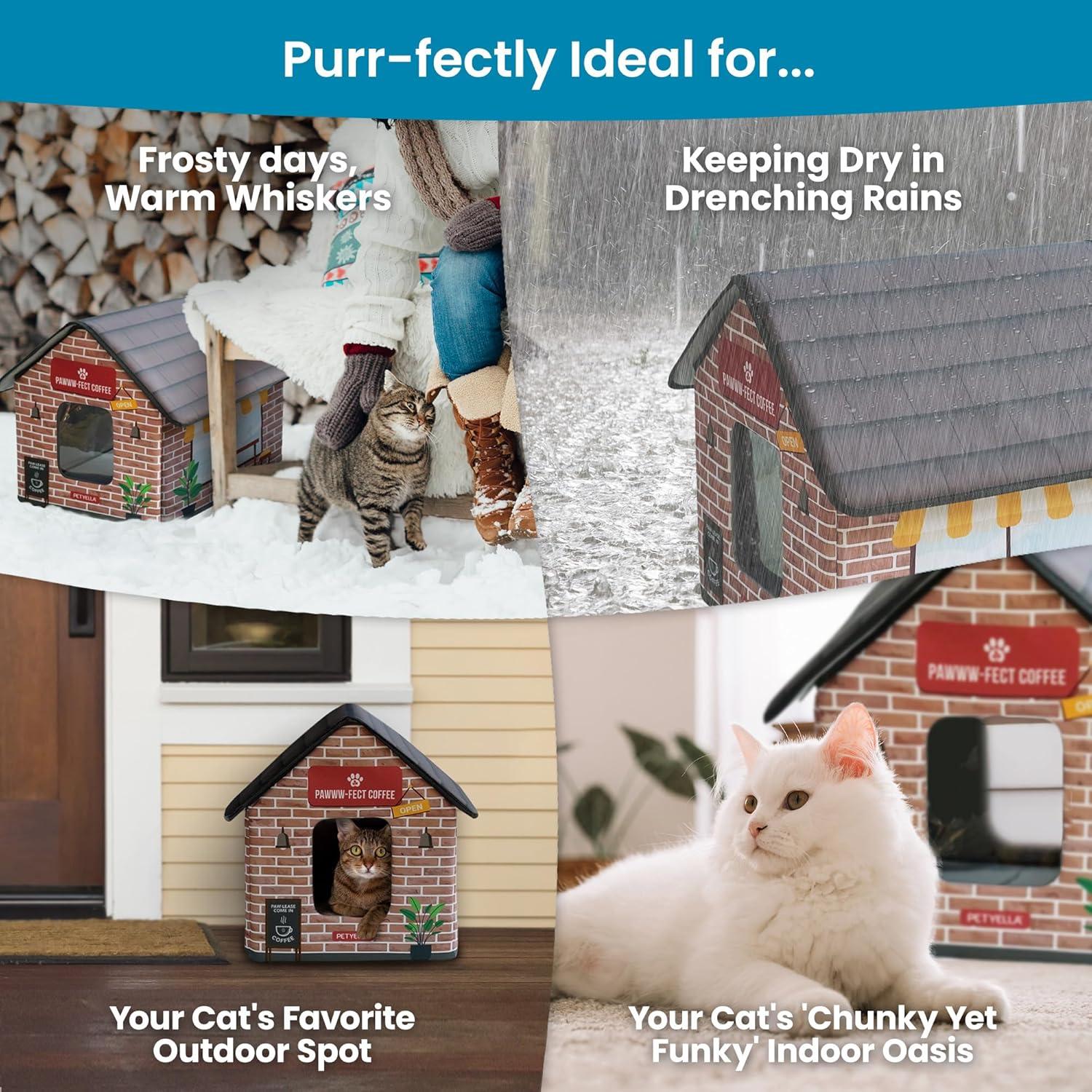 Deluxe Heated Cat House for Winter - Weatherproof, Insulated, Easy Assembly, Cat Heating Pad, Dual Escape Doors, Outdoor & Indoor Cat House - Coffee Pethouse