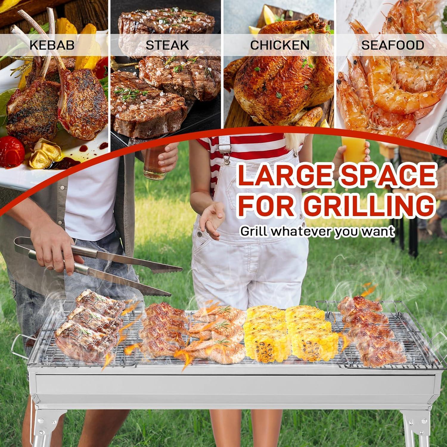 Portable Charcoal Grill, 28x 13 x 27" Foldable Barbecue Grill, Stainless Steel BBQ Grill for Outdoor Cooking Camping Hiking Picnic Garden Beach Party