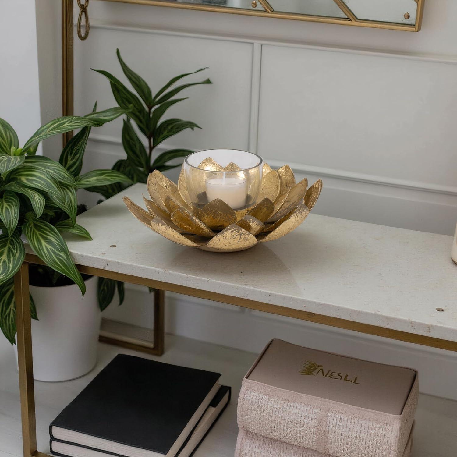 Sagebrook Home 8" Lotus Candle Holder - Contemporary Gold Metal Decorative Votive Candle Holder for Home or Event Decor - Decorative Lotus Candle