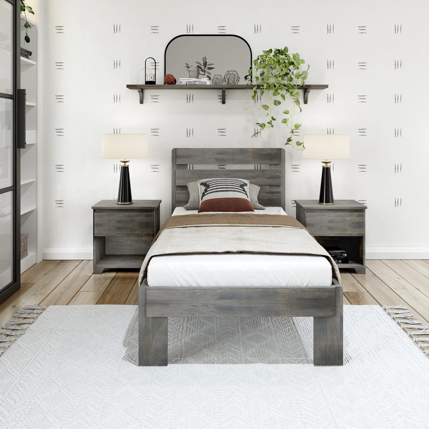 Plank+Beam Farmhouse Twin Bed Frame with Plank Headboard, Solid Wood Platform Bed, Driftwood