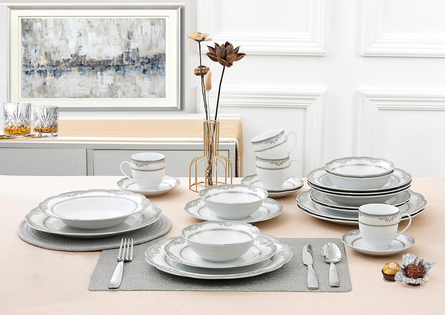 Stylish and Elegant 24 Pieces Porcelain Dinnerware Set Service for 4 People for Hosting Parties and Events - Victoria Design