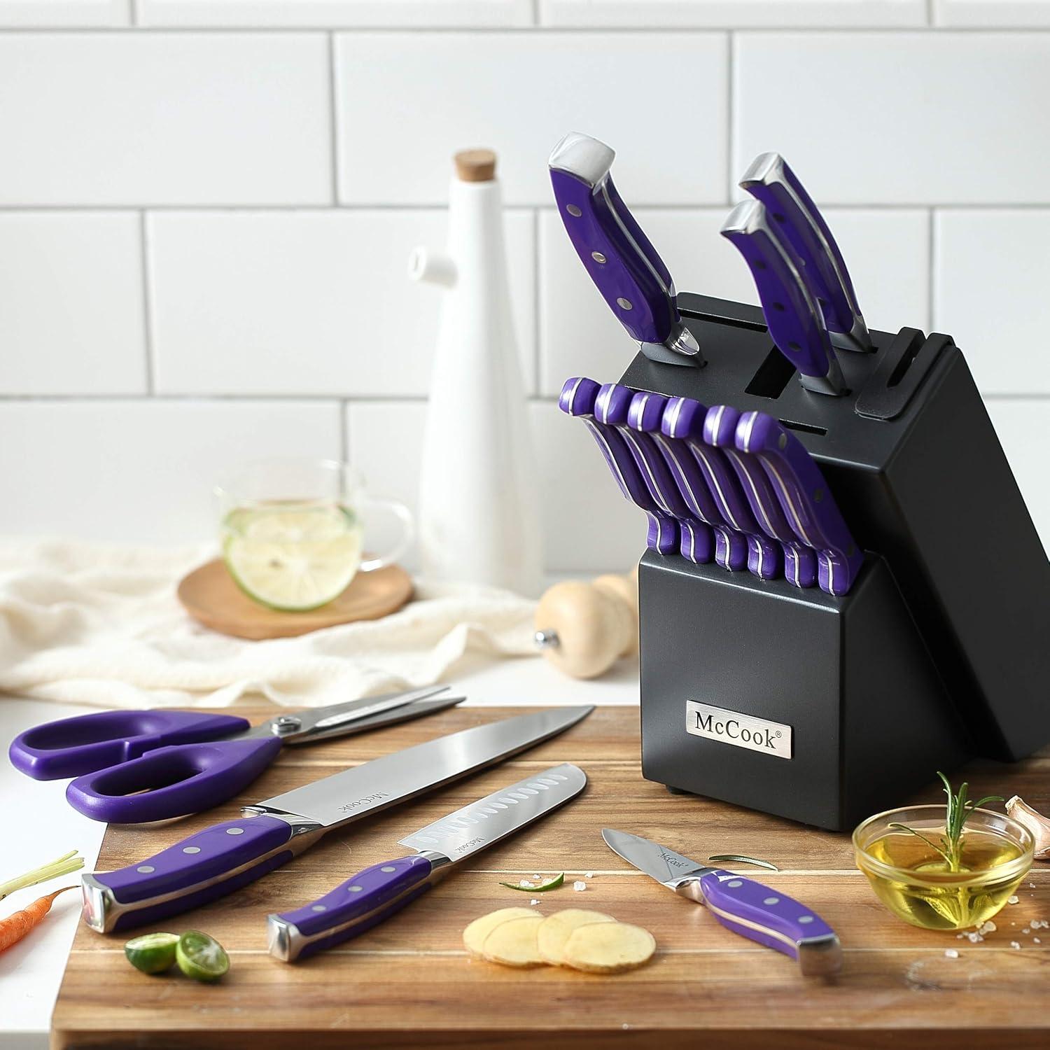 MC27 14 Pieces Stainless Steel kitchen knife set with Wooden Block, Kitchen Scissors and Built-in Sharpener, Purple
