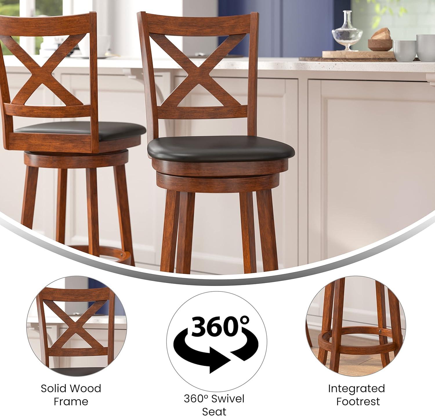 Merrick Lane 30" Gray Wash Walnut Classic Wooden Crossback Swivel Bar Height Pub Stool with Black Faux Leather Padded Seat and Integrated Footrest