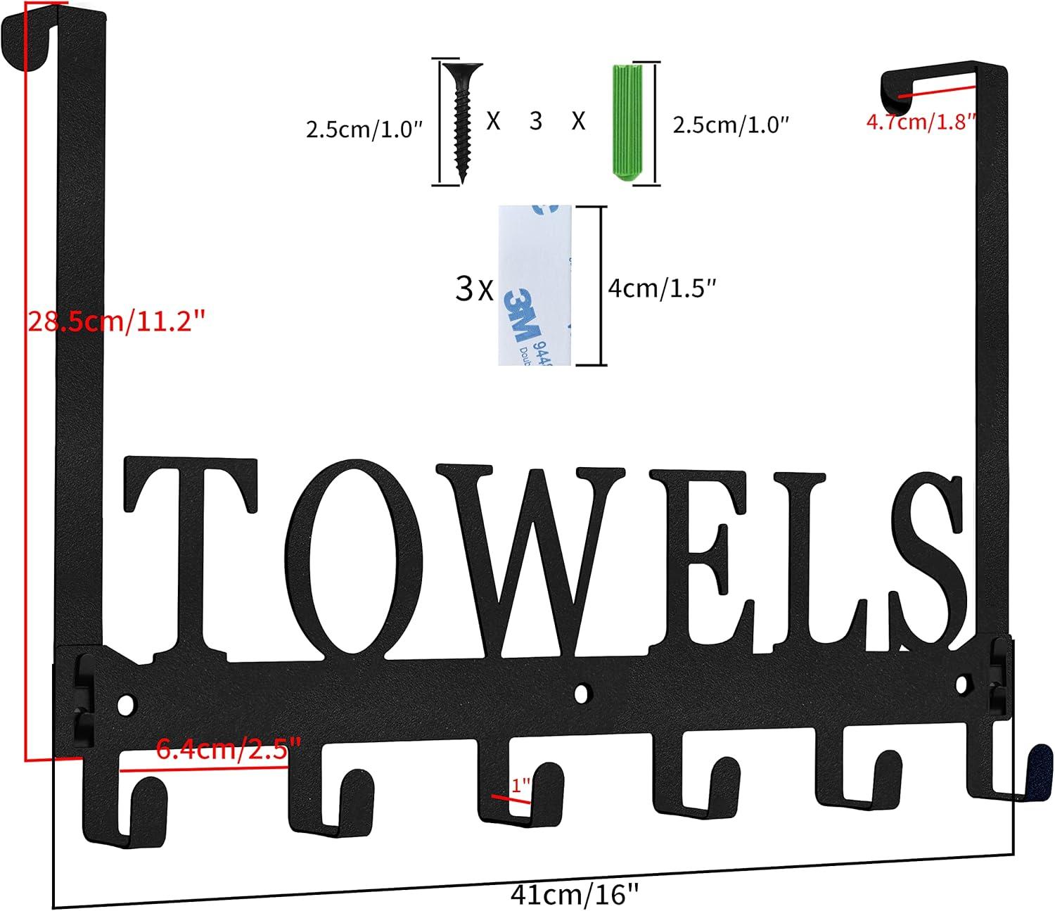 Over The Door Hooks, Towel Holder for Bathroom, Mount Rack Metal Bath Hanger Bedroom Kitchen Pool Beach Bathrobe Wall Hooks (6 Hooks, Black).