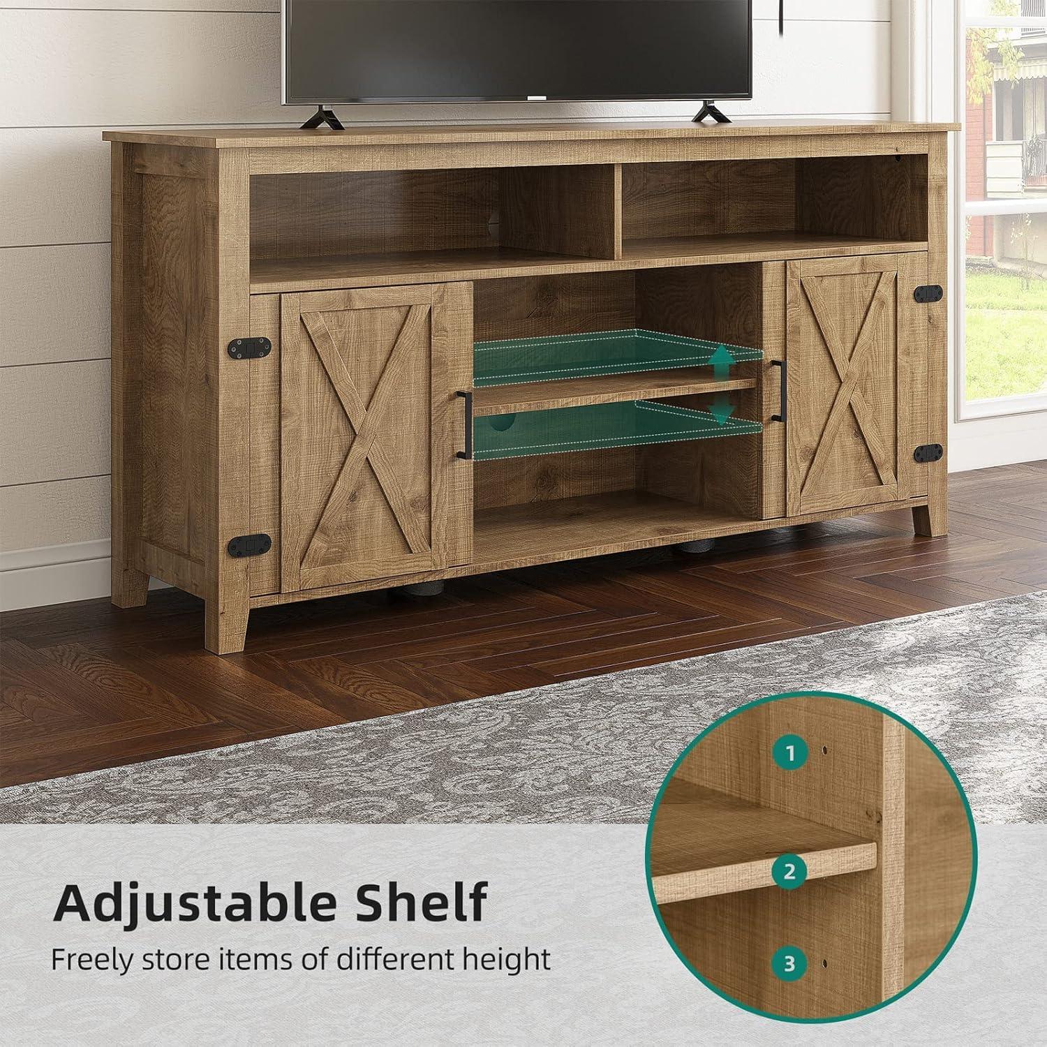 Barnwood Farmhouse Barn Door TV Stand with Adjustable Shelves