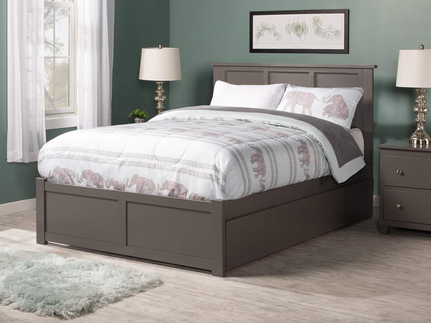 Grey Full Platform Bed with Wood Headboard and Trundle