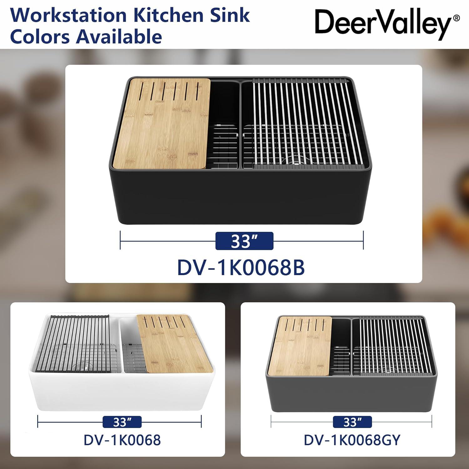 33"L x 20"W Farmhouse Kitchen Sink Deep Single Bowl Fireclay Workstation Sink with Cutting Board and Dish Drying Rack