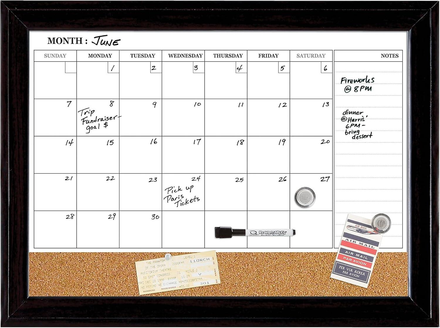 Espresso Magnetic Dry-Erase and Cork Calendar Board, 23" x 17"