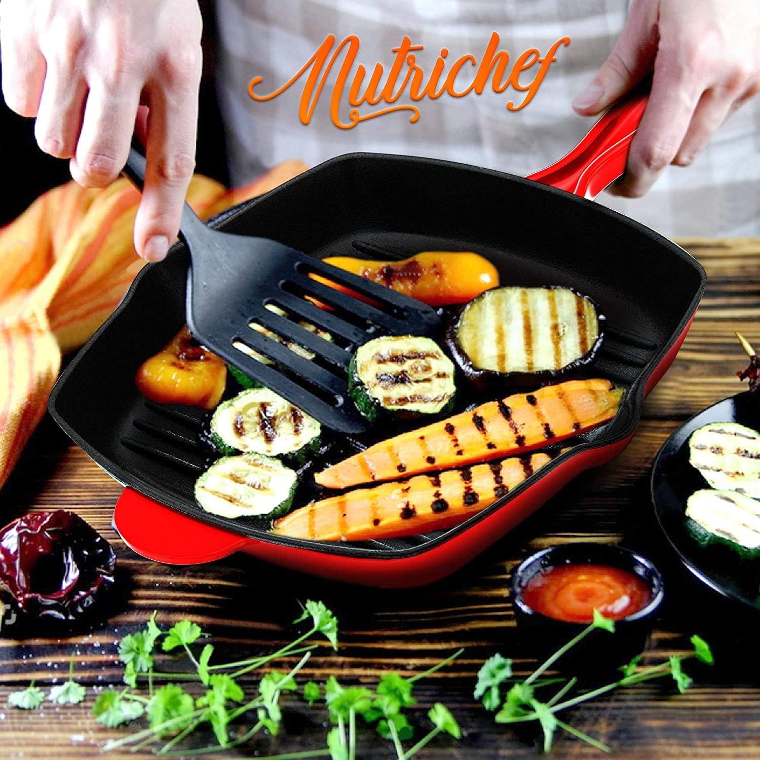 NutriChef 11.46'' Non-Stick Enameled Cast Iron Grill Pan / Griddle Set