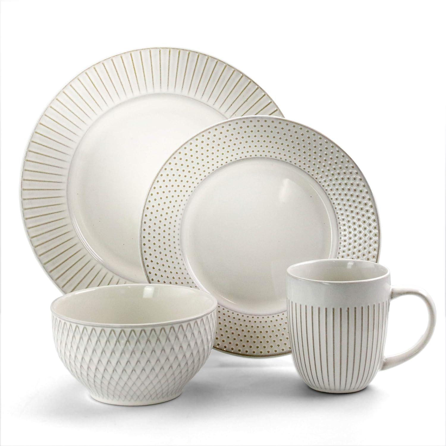 White Embossed Ceramic 16-Piece Round Dinnerware Set