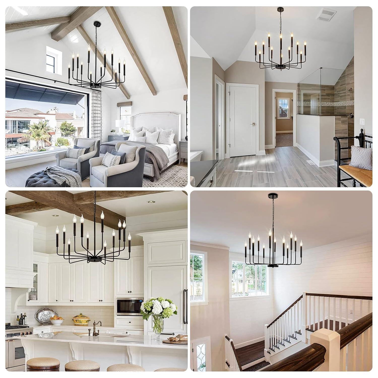 Black Chandelier, 12-Light Farmhouse Chandeliers for Dining Room, Classic Candle Ceiling Pendant Light Fixture for Living Room, Foyer, Kitchen Island, Bedroom, Entryway