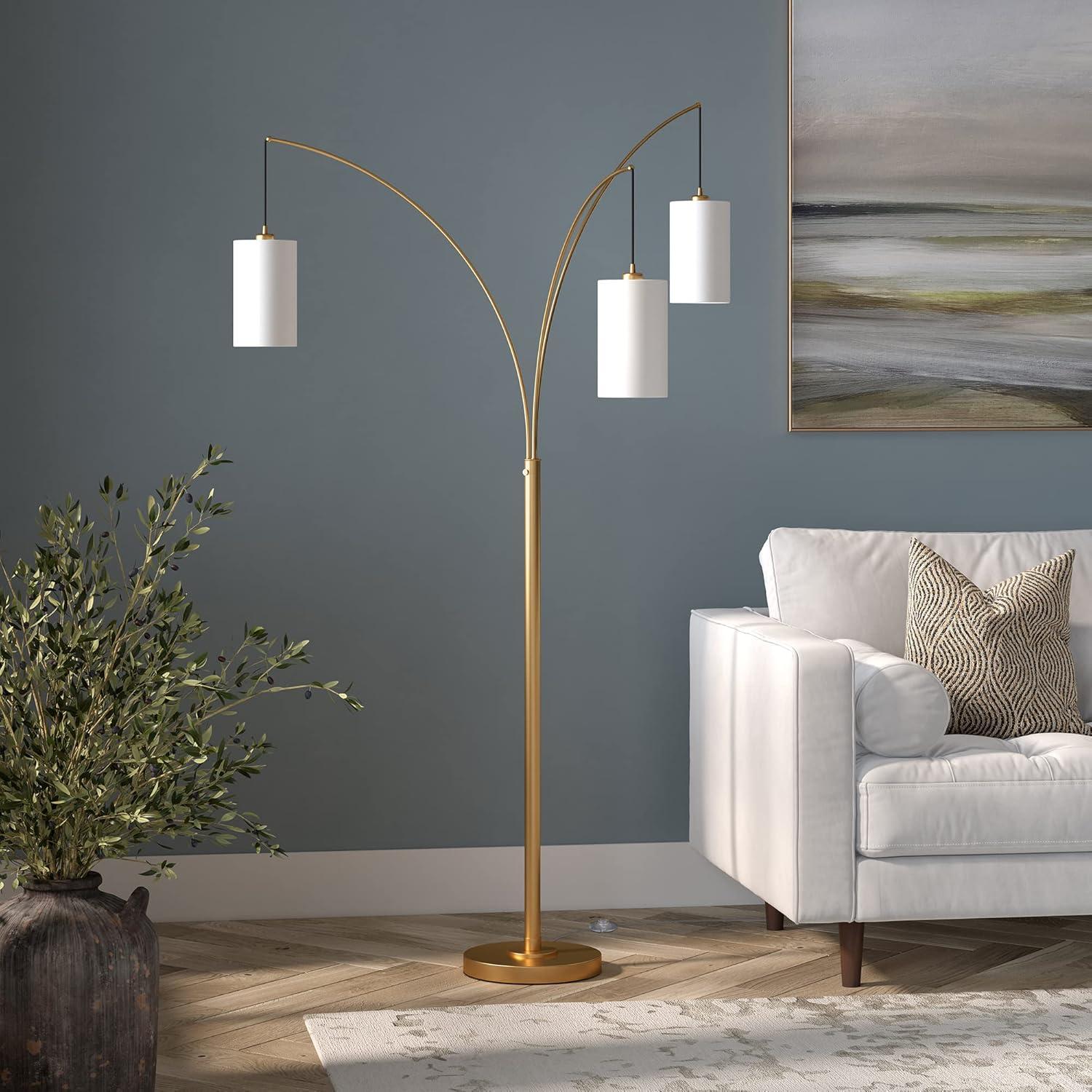 Evelyn&Zoe Aspen 3-Light Torchiere Floor Lamp with Fabric Shade, Brass/White