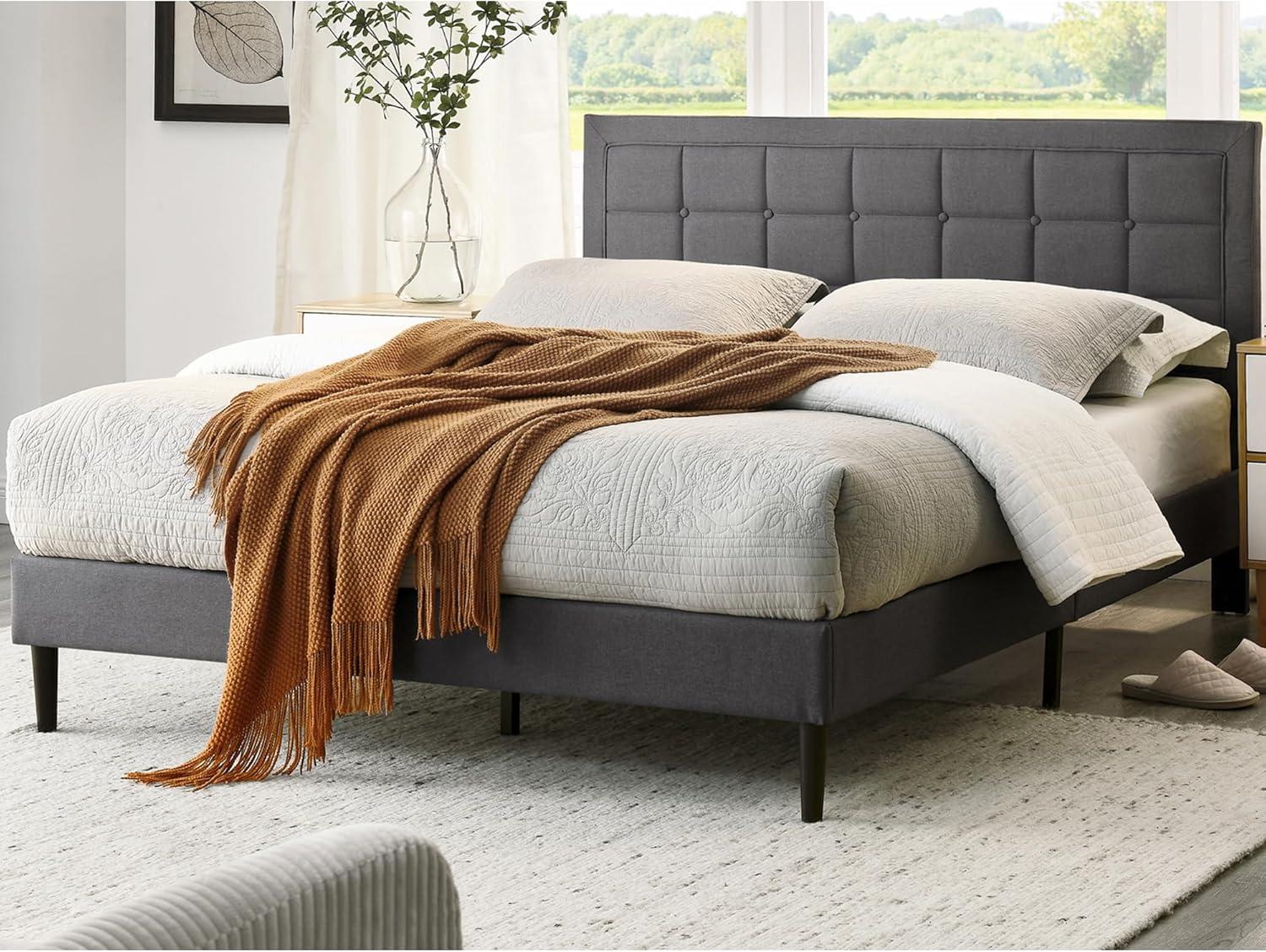 DeCoro Mornington Upholstered 2.0 Platform Full Size Bed Frame with Headboard for Indoor Use, Bedrooms, and Sleep Essentials, Queen, Grey