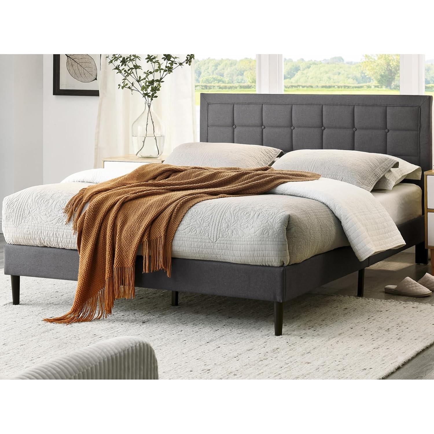 DeCoro Mornington Upholstered 2.0 Platform Full Size Bed Frame with Headboard for Indoor Use, Bedrooms, and Sleep Essentials, Queen, Grey
