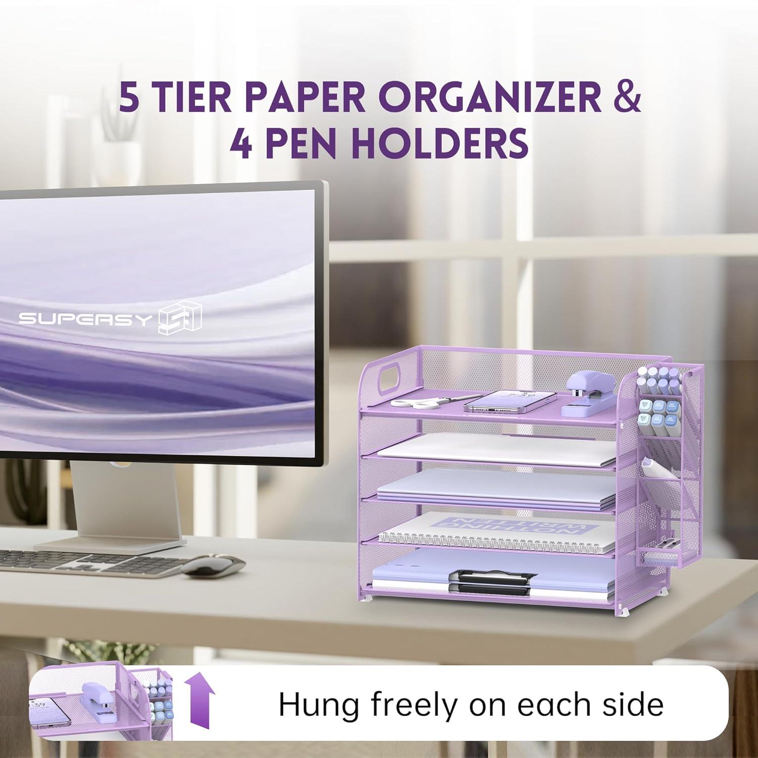 Marbrasse Paper Organizer Letter Tray, 5 Tier Mesh File Organizer with Handle, Paper Sorter Desk Organizer for Home Office Supplies - Purple