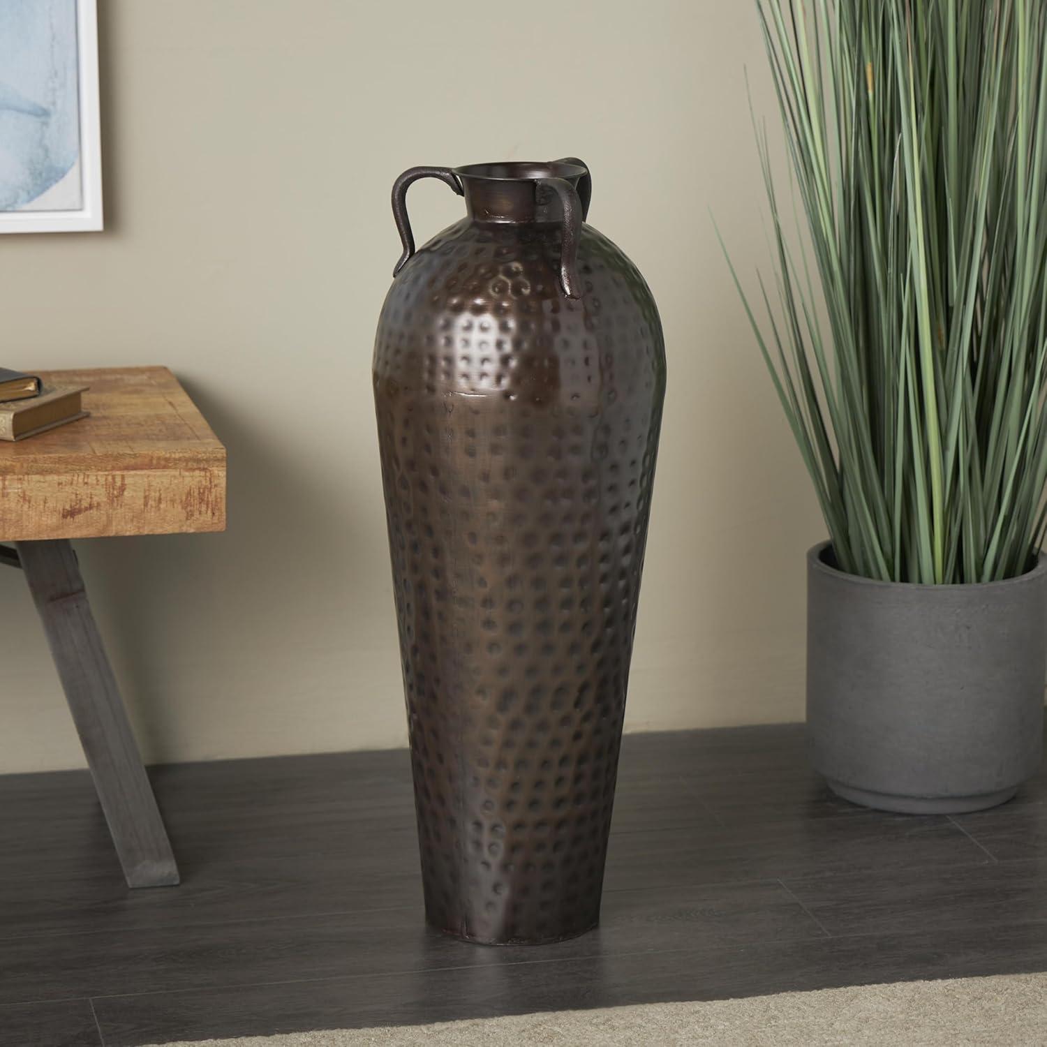 DecMode 28" Tall Floor Mediterranean Style Brown Metal Vase with Hammered Details and Handles