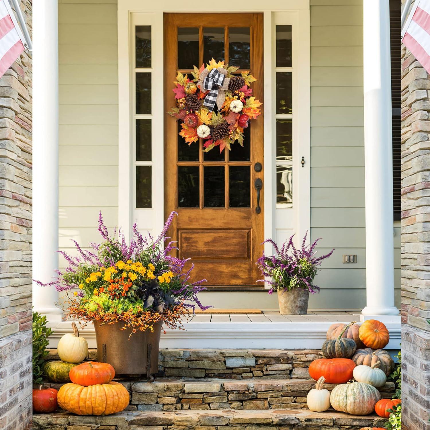 Thanksgiving Wreaths for Front Door,20 Inch Autumn Harvest Wreath with Pumpkin and Maple Leaf Decorations, Perfect for Home Outside Farmhouse Indoor Decor,Black&White Ribbon