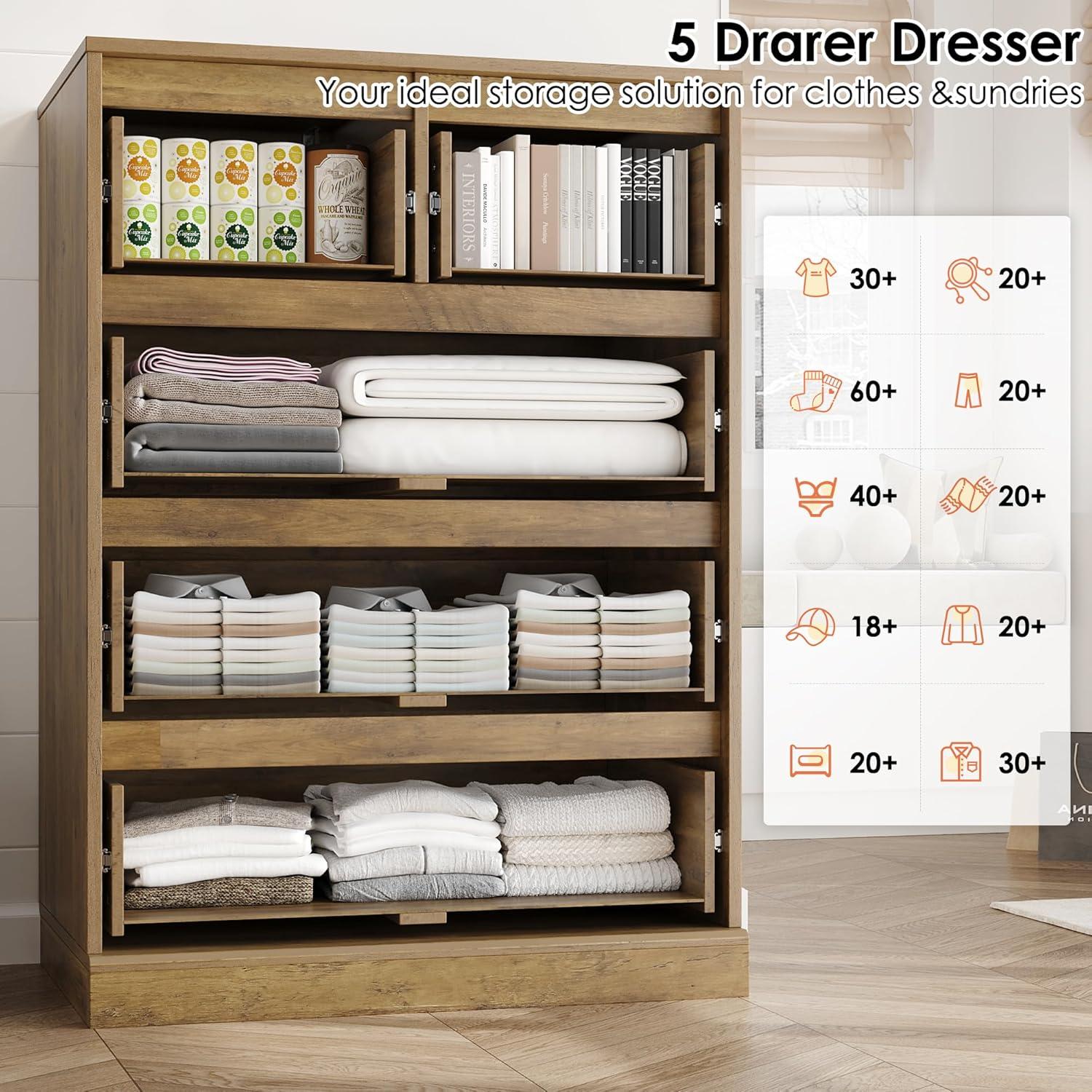 Homfa Dresser for Bedroom, Wood Storage Chest of 5 Drawers with Cutout Handles for Living Room, Rustic Brown