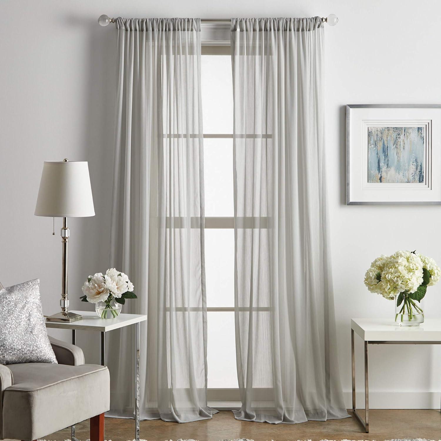 Martha Stewart Glacier Sheer Polyester Poletop Curtain Panel Pair, Silver, 50"x84", Adult