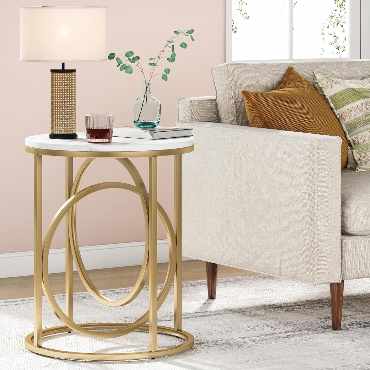 Tribesigns Morden Round End Table with Faux Marble White Top, 20" Sofa Side Table Coffee Table Cocktail Table with Unique Gold O-shaped Base for Living Room Bedroom
