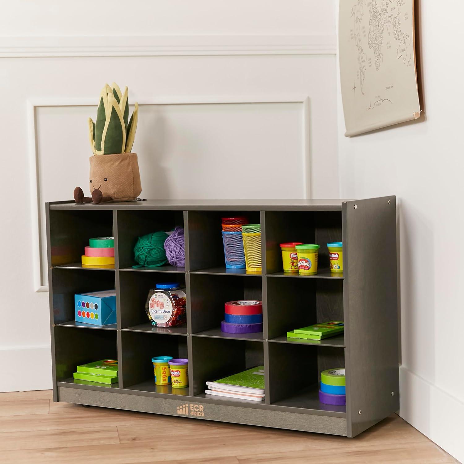 Grey Wash 12-Cubby Mobile Tray Storage Cabinet for Kids