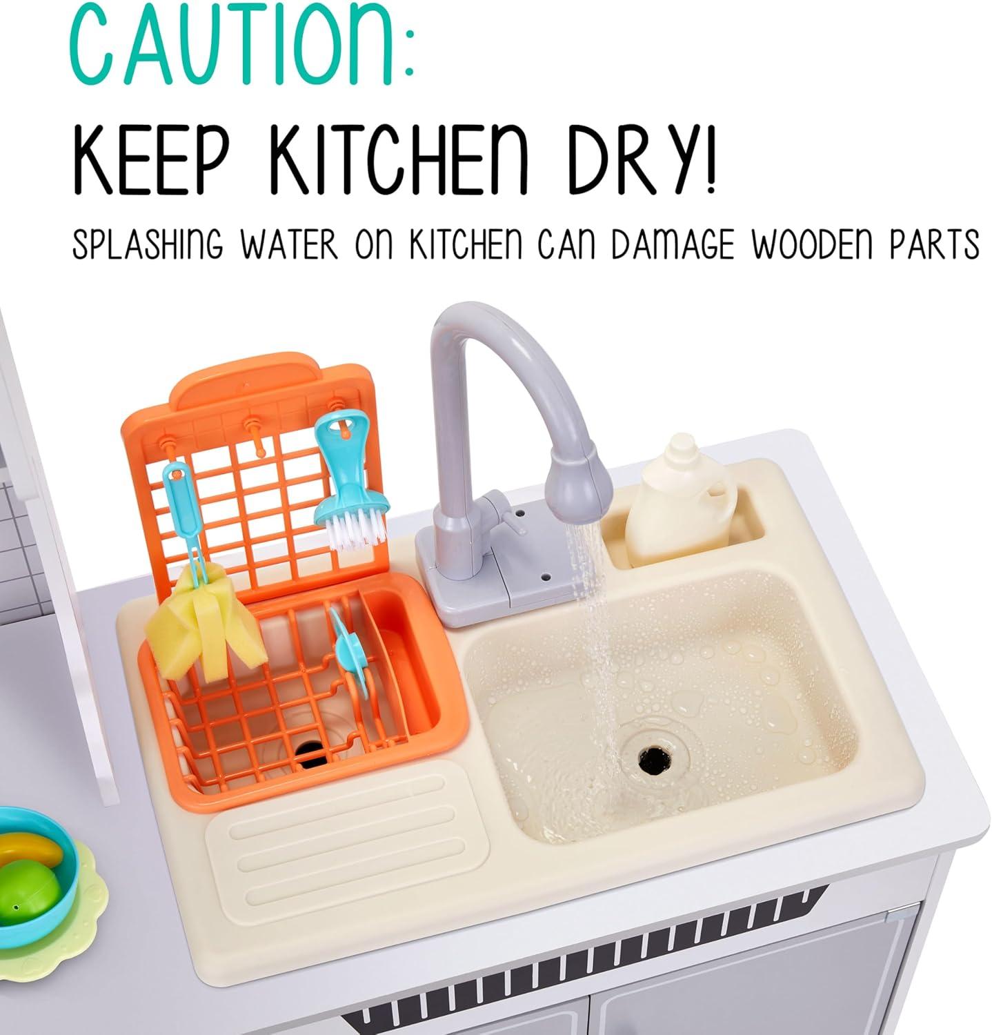 Lil’ Jumbl Kids Wooden Kitchen Set, Pretend Working Sink with Real Running Water, Includes Range Hood, Microwave & Stove Top That Make Realistic Sound & Light, Full Accessory Set Included