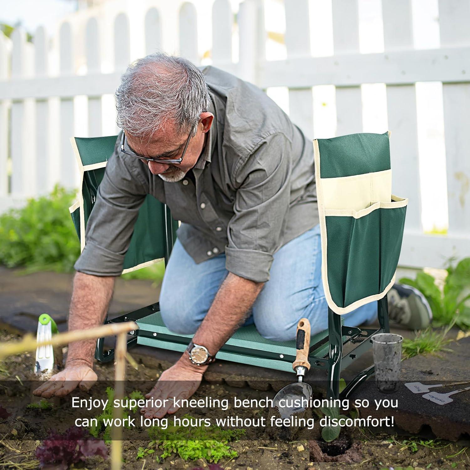 Green Heavy Duty Foldable Garden Kneeler and Seat with Tool Pouches