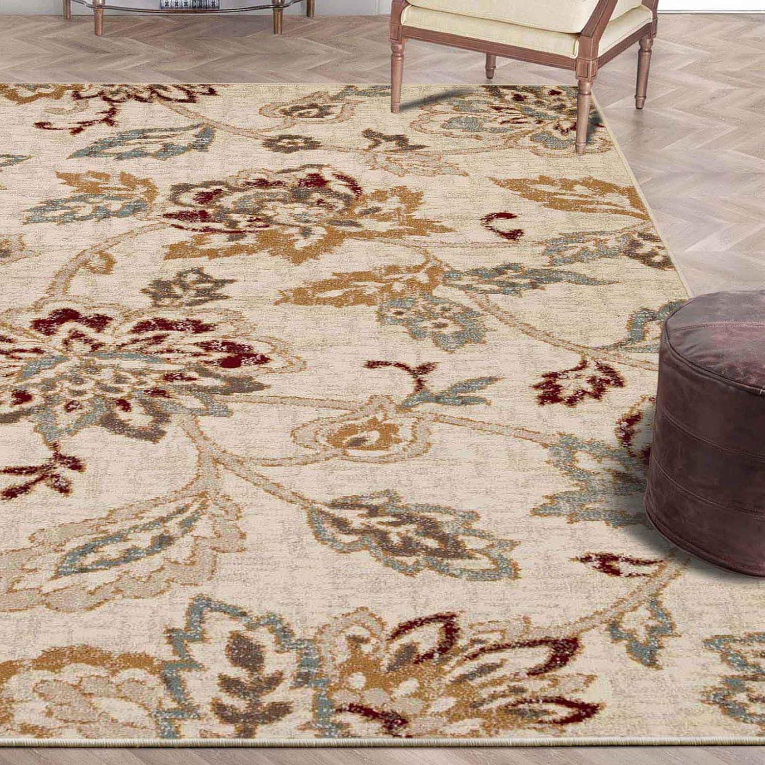 Superior Jacobean Floral Indoor Area Rug, 5' x 8', Stone