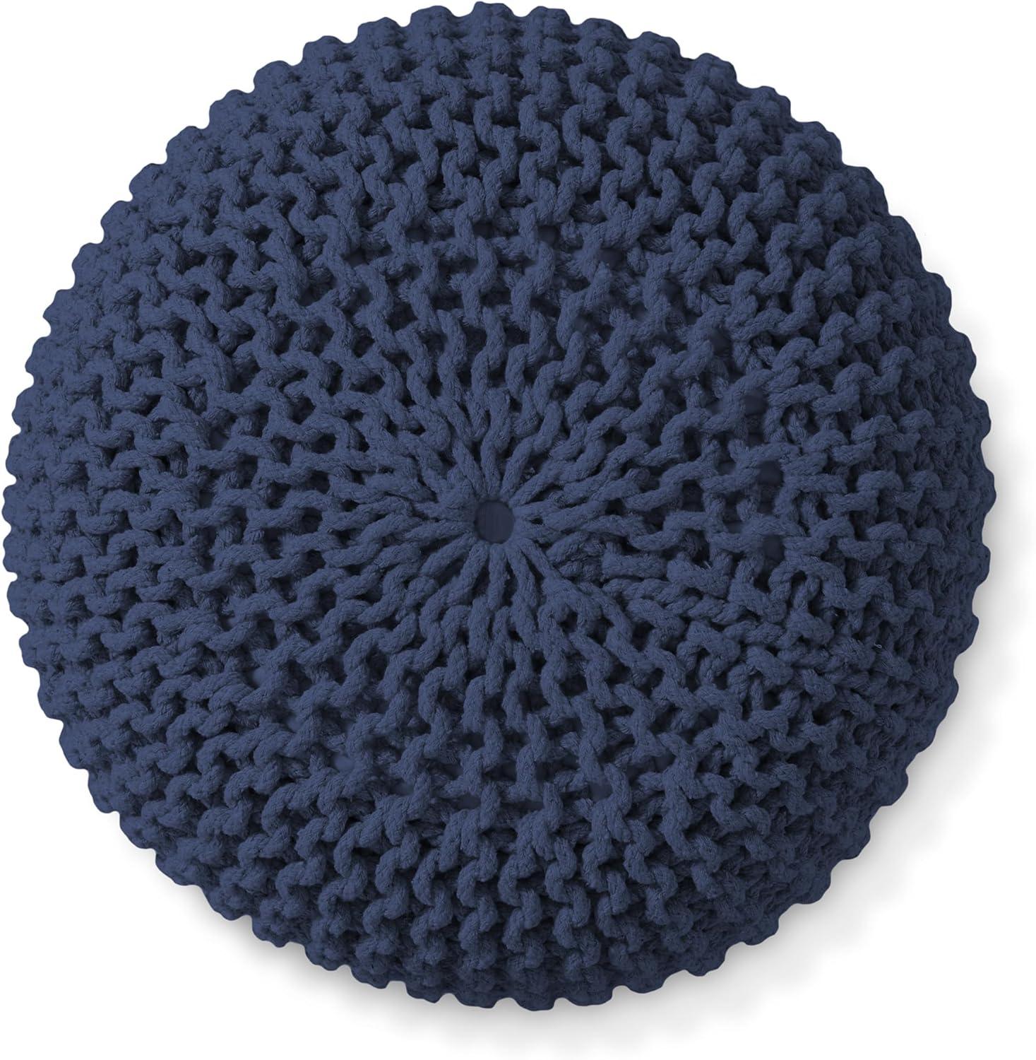 Casafield Round Pouf Ottoman, Navy Blue - 20" Dia x 14.5" High Cotton Knit Foot Stool - Boho Floor Pouffe for Living Room