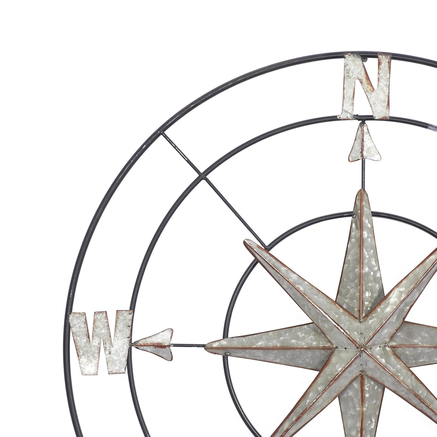 DecMode Farmhouse Metal Compass Shaped with 3D 8 Point Star Wall Décor, 32"D with Metallic Silver Galvanized Finish