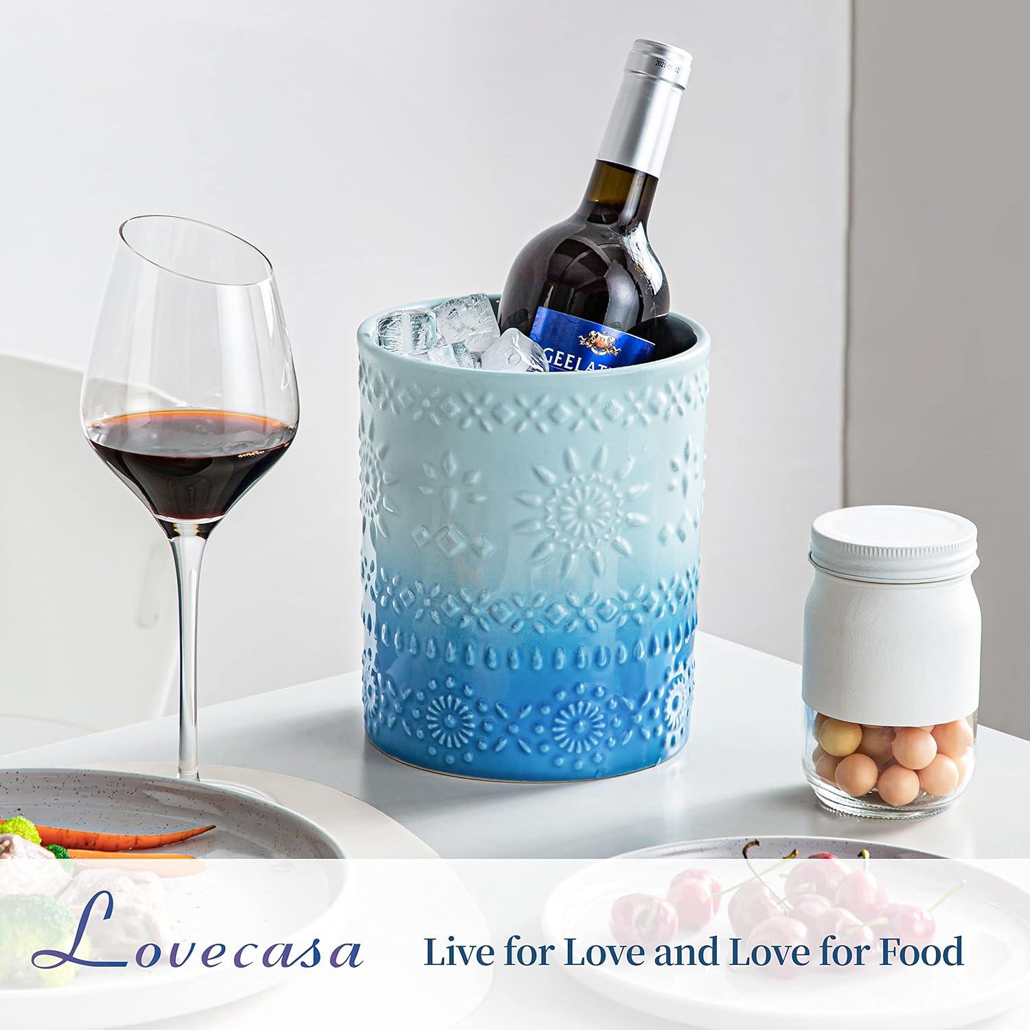 Large Light Blue Ceramic Embossed Utensil Holder Crock