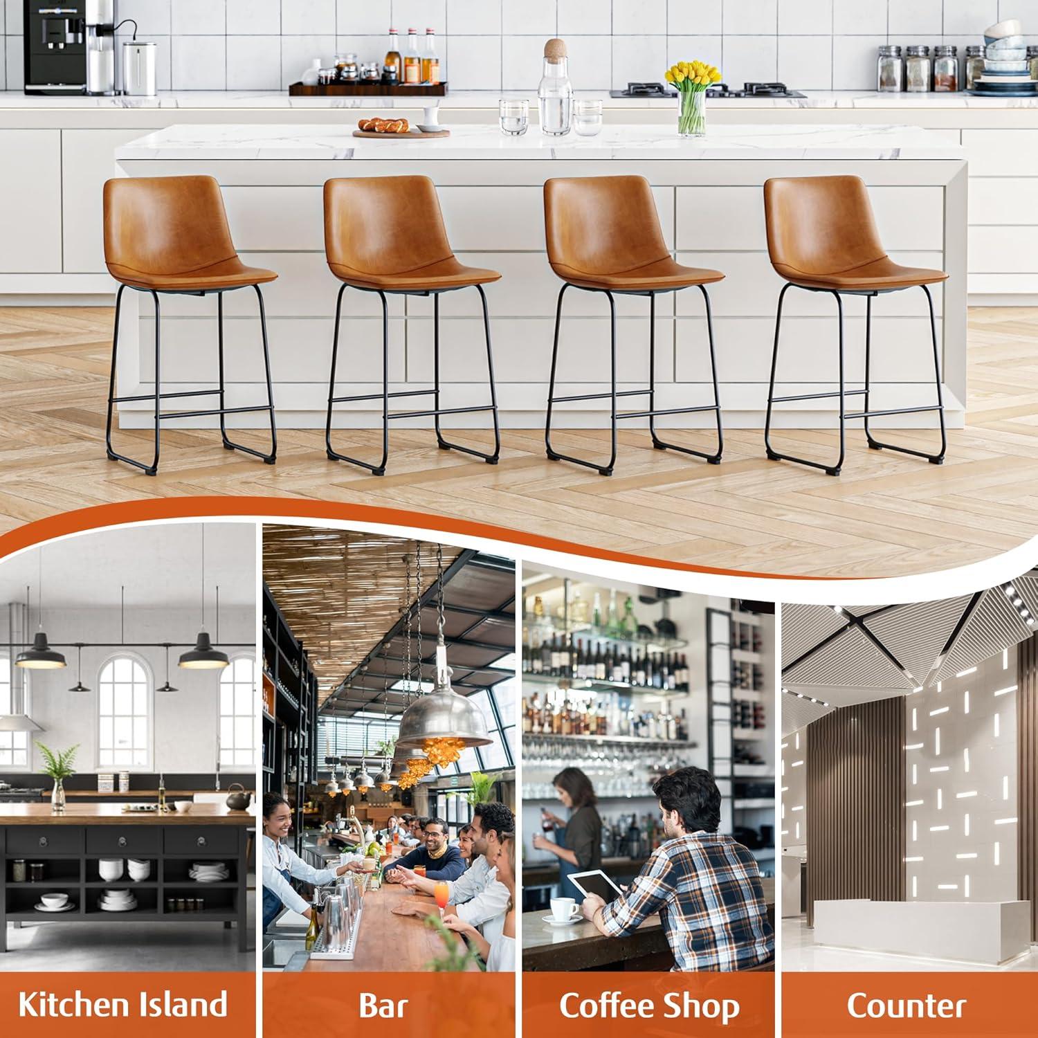 WM 26 inch Counter Height Bar Stools Set of 4, Modern Faux Leather High Barstools with Back and Metal Leg, Bar Chairs for Indoor & Outdoor, Brown