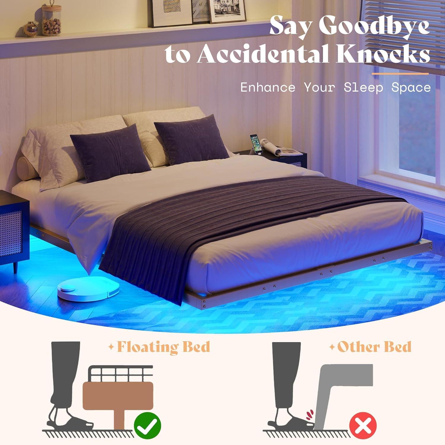 Alwyn Home Floating Bed Frame With Led Lights Metal Platform Bed, No Squeak