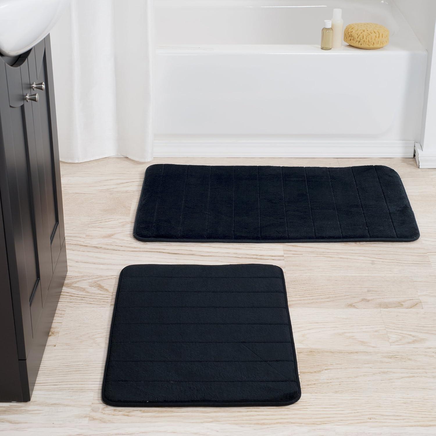 Lavish Home Bathroom Rugs - 2-Piece Memory Foam Bath Mats with Microfiber Top - Non-Slip Absorbent Rugs for Shower, Laundry, or Kitchen (Black)