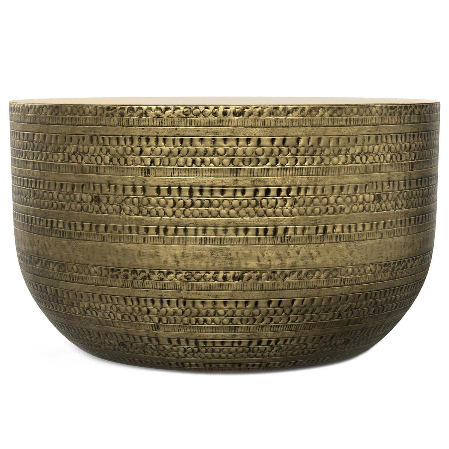 Simpli Home Johnsen 30"W Metal Boho Modern Round Coffee Table with Textured Detail, Assembled