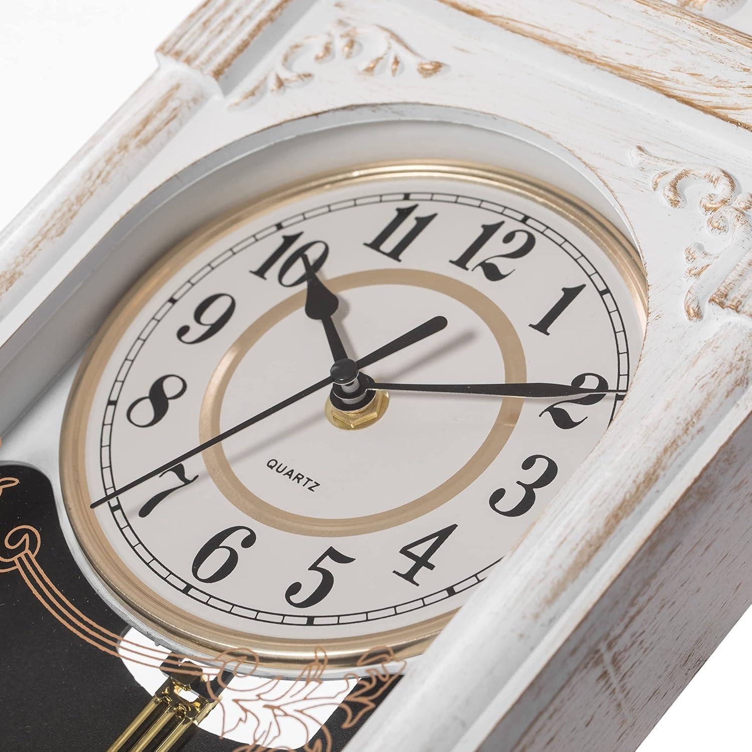 Clockswise Vintage Grandfather Wood-Looking Plastic Pendulum Decorative Battery-Operated Wall Clock Brown, for Home Decor, White