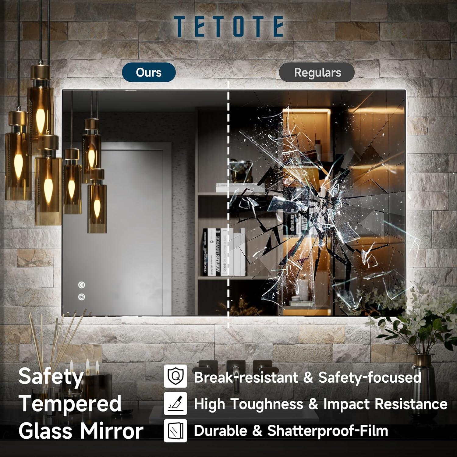 TETOTE 24 x 36 Inch LED Mirror Backlit Bathroom,Anti-Fog Mirror with Light,Dimmable,CRI90+,IP54 Water Proof,Wall Mounted Vanity Lighted,Horizontal/Vertical