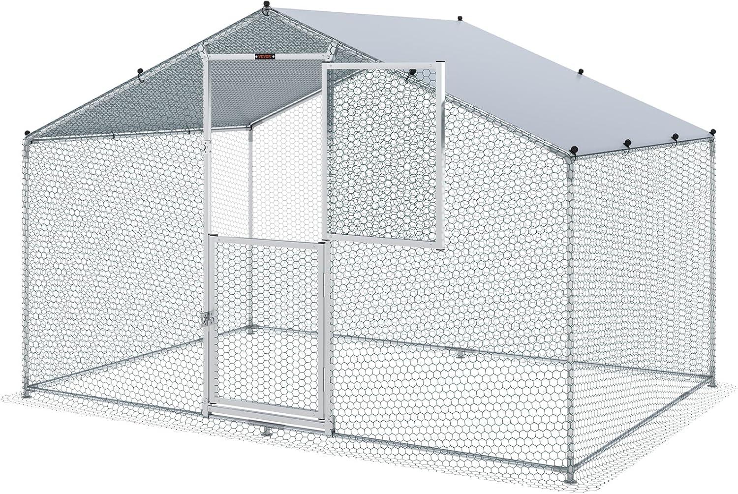 VEVOR Large Metal Chicken Coop with Run Walkin Chicken Coop for Yard with Waterproof Cover 6.6 x 9.8 x 6.6 ft - Peaked Roof